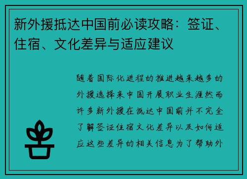 新外援抵达中国前必读攻略：签证、住宿、文化差异与适应建议