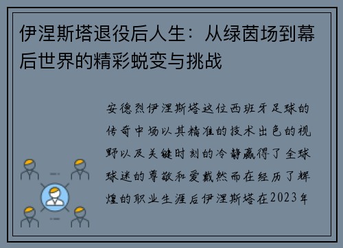 伊涅斯塔退役后人生：从绿茵场到幕后世界的精彩蜕变与挑战